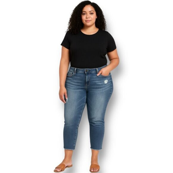 Democracy Seamless Ankle Skimmer Distressed Raw Hem Medium Wash Blue Jeans 14 - Picture 1 of 10